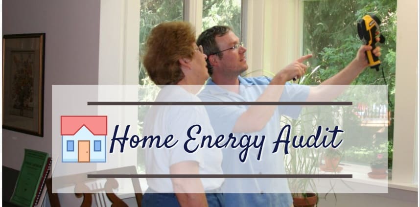 featured image of the blog title "Home Enery Audit" with a background of two peole discussing that relates to energy audit