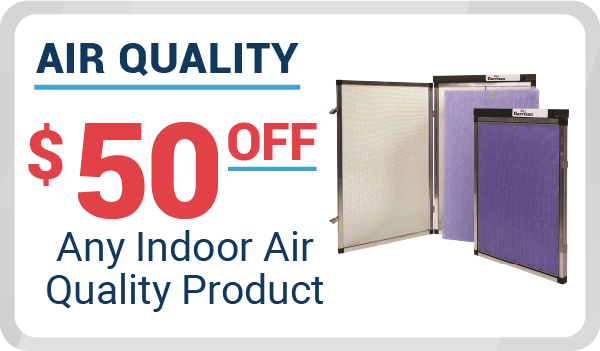 All Hours Air offers $50 off any indoor air quality product—images of air filters show our commitment to fast, 24/7 expert service.