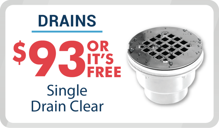 All Hours Air ad: “Single drain clear $93 or it’s free.” Shiny metal drain cover with water droplets. Available 24/7, honest pricing.