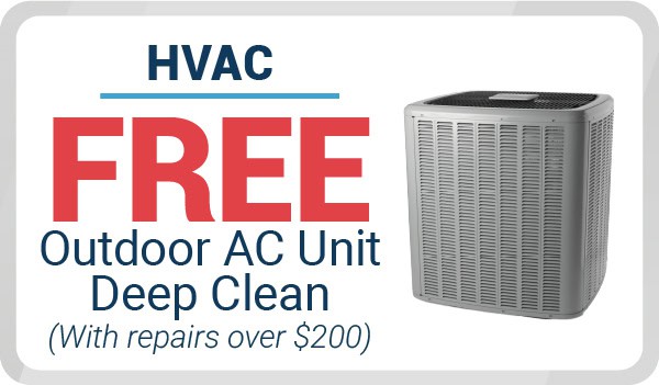 All Hours Air ad highlighting a free outdoor AC unit deep clean with repairs over $200. Outdoor AC shown; 24/7 expert HVAC service.