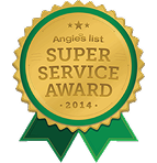 A gold and green badge reading "Angie's List Super Service Award 2014" with a green ribbon, highlighting All Hours Air’s fast, honest HVAC service.