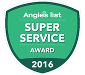 A green badge featuring "Angie's List Super Service Award 2016," reflecting our 24/7 expert HVAC service and honest pricing.