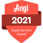 Red badge displaying "Angi 2021 Super Service Award," honoring All Hours Air’s prompt, reliable, and quality HVAC expertise.