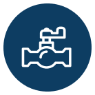 White valve icon on dark blue circle, symbolizing All Hours Air’s expert 24/7 HVAC service, fast response, and honest pricing.