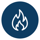 White flame icon on a dark blue circle with white border, symbolizing 24/7 expert HVAC service, honest pricing, and fast response.