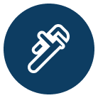 White wrench icon on a dark blue circle, symbolizing All Hours Air’s 24/7 expert HVAC service, quick response, and honest pricing.
