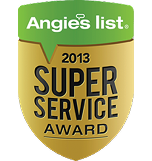 Angie's List 2013 Super Service Award badge with a green speech bubble and gold shield, reflecting our 24/7 honest, expert HVAC care.