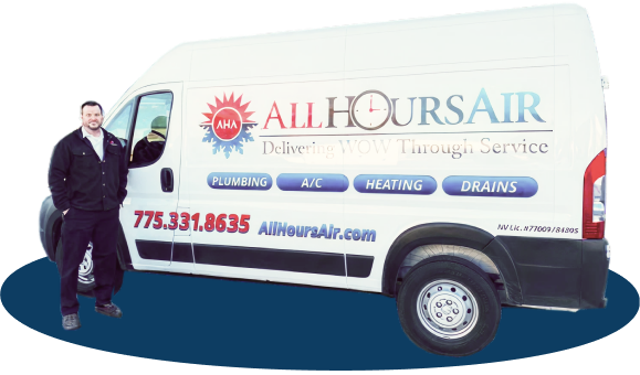 A technician stands by a branded All Hours Air van, ready 24/7 to deliver quick, honest heating and cooling solutions you can trust.